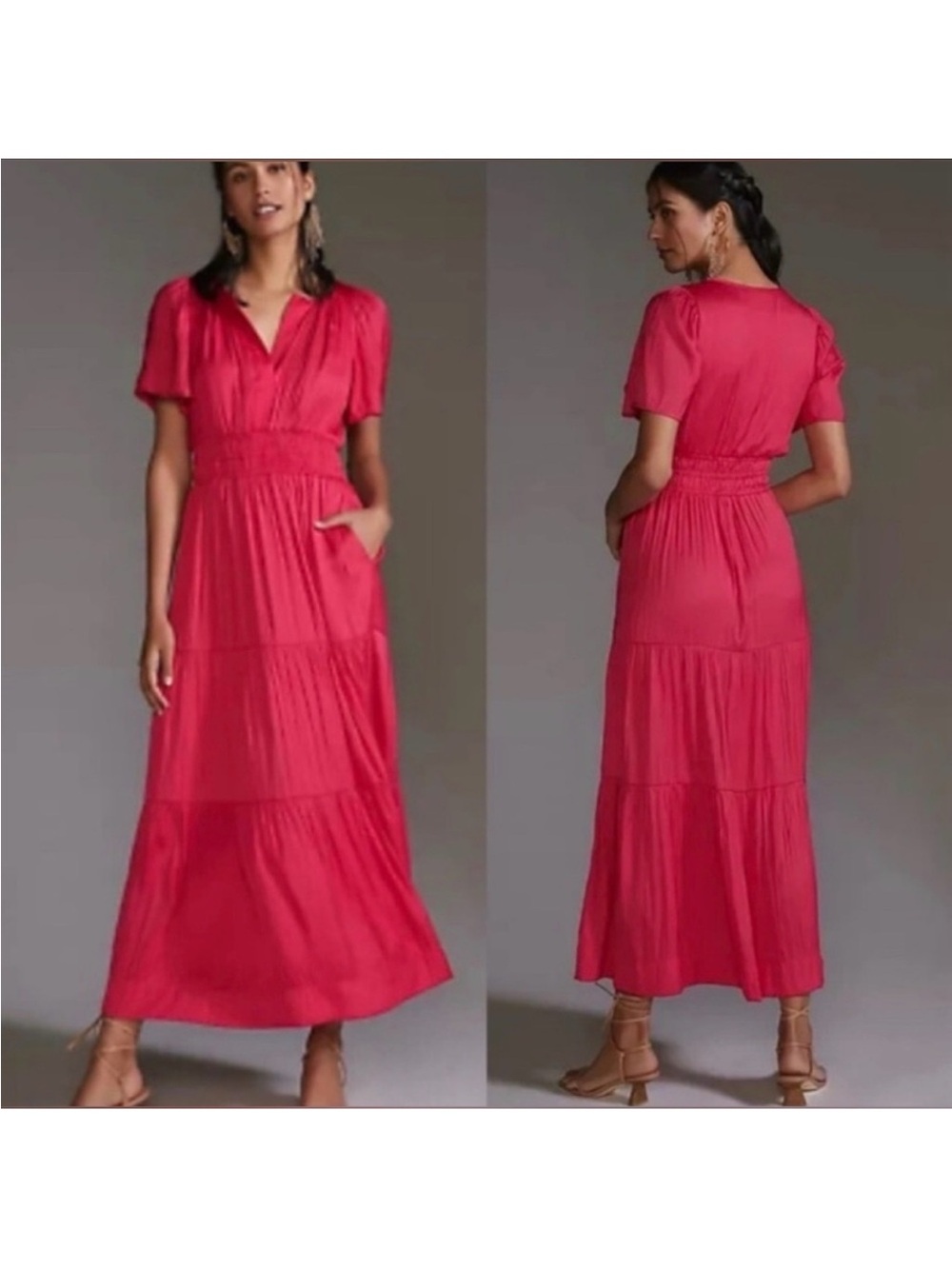 Anthropologie Vibrant Red Tiered Maxi Dress Large Petite - Picture 2 of 3